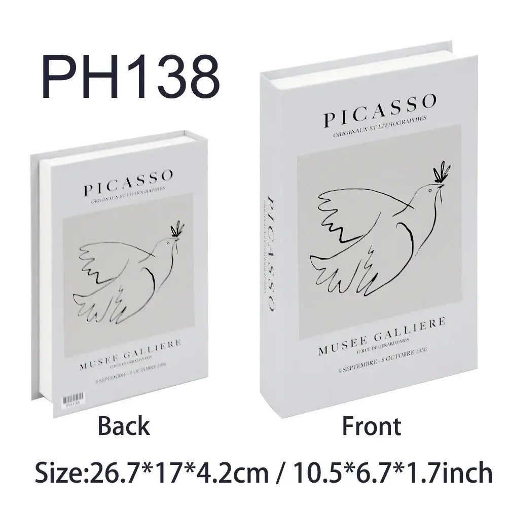 Decorative fake book set with Picasso artwork, modern art style for home decor. Size 26.7x17x4.2cm, suitable for salon or photo shoots.