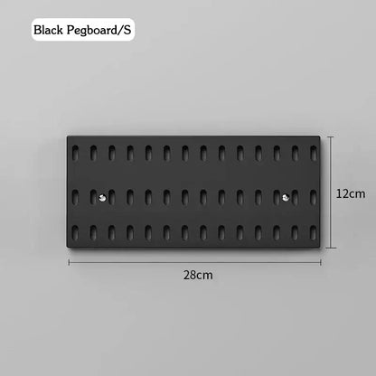 Black pegboard for wall storage, 28cm x 12cm, perfect for organizing kitchen accessories without drilling, eco-friendly plastic.