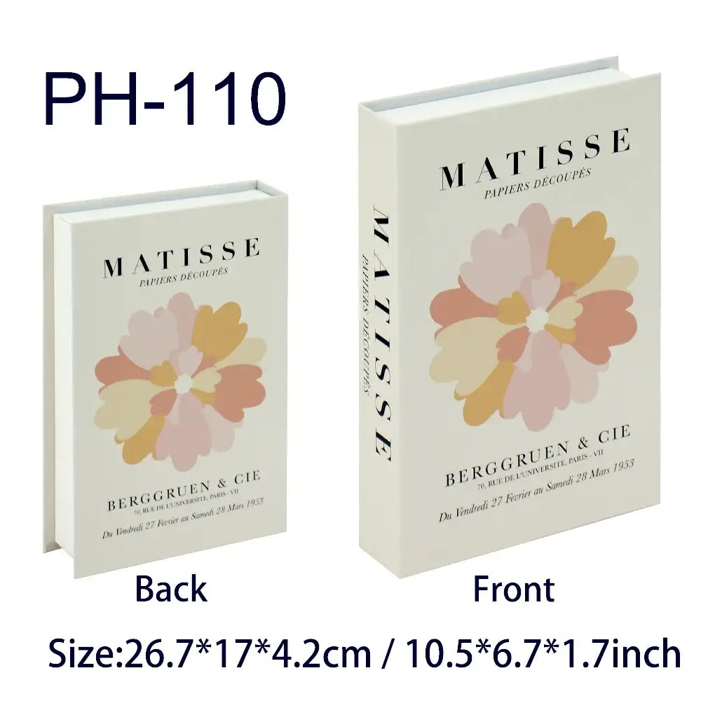 Decorative faux books with modern art design, featuring Matisse cover, sizes 10.5x6.7x1.7 inch and 26.7x17x4.2 cm, white background.