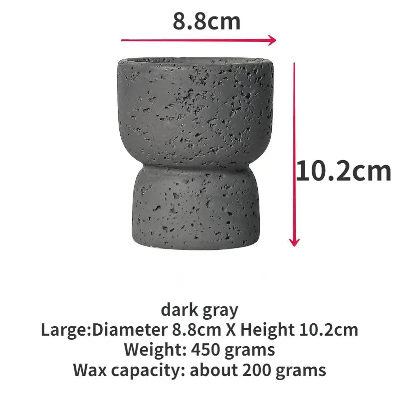 Minimalist dark gray cement candle holder with dimensions 8.8cm in diameter and 10.2cm in height, weight 450 grams.