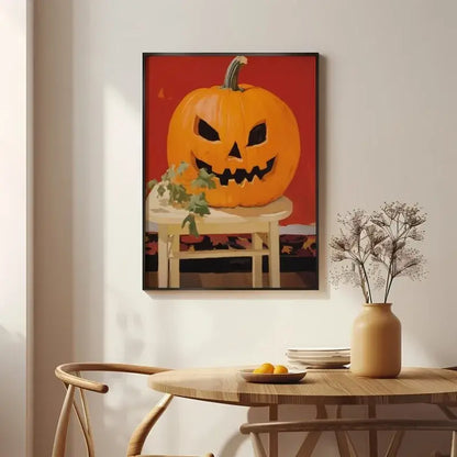 Retro Halloween pumpkin canvas art on wall, perfect for nostalgic and vintage interior decor.