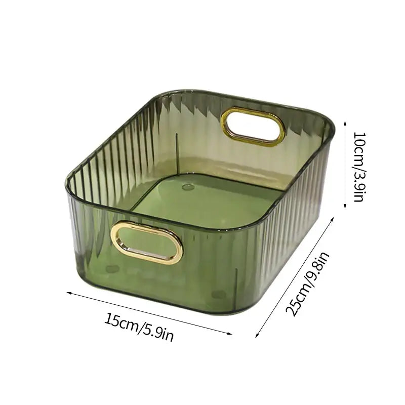 Transparent textured storage box with gold-trimmed handles, measuring 15cm x 25cm x 10cm, made of durable PET material, perfect for organizing small items.