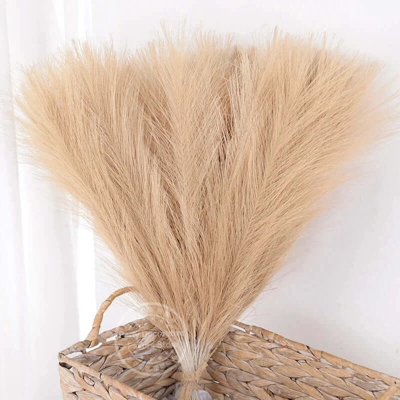 Bouquet de tiges de pampas beige dans un panier en osier pour décoration élégante et naturelle.