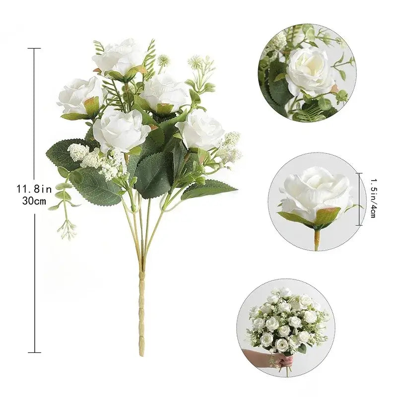 Bouquet de roses en soie blanche de 30 cm, parfait pour la décoration intérieure et les mariages, avec un aspect réaliste et durable.