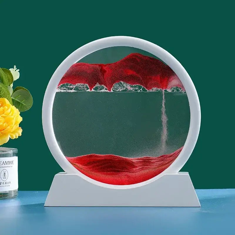 Sablier décoratif circulaire en verre de haute qualité avec du sable rouge, design élégant pour la décoration intérieure