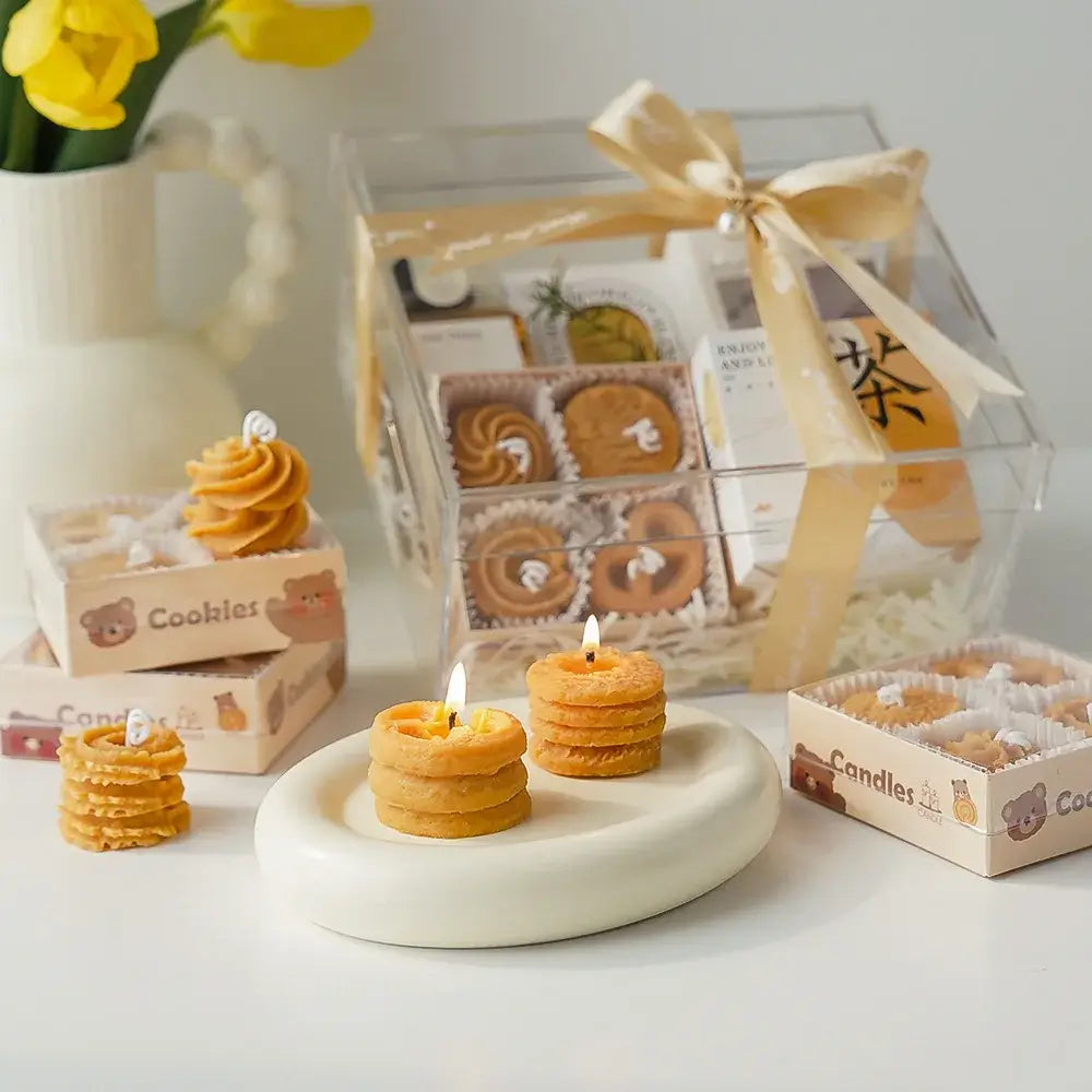 Bougie parfumée en forme de biscuit, décoration charmante avec boîte cadeau et fleurs jaunes