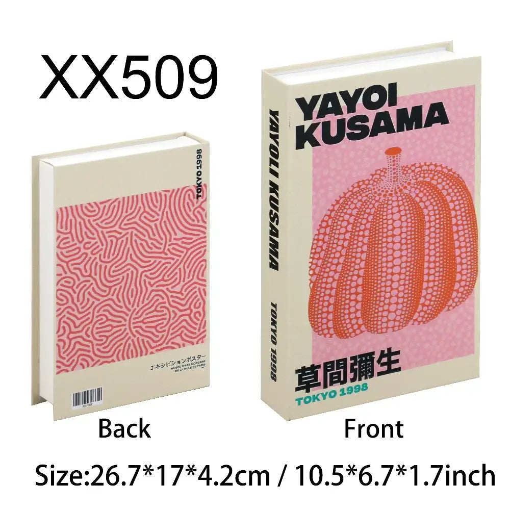 Decorative faux book with Yayoi Kusama cover design, beige back, and dimensions of 26.7x17.4.2 cm or 10.5x6.7x1.7 inches