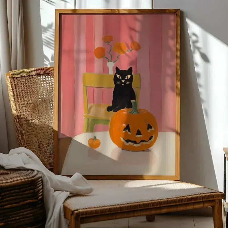 Retro Halloween decor with black cat sitting on a jack-o'-lantern, vintage style canvas art in a cozy room setting.