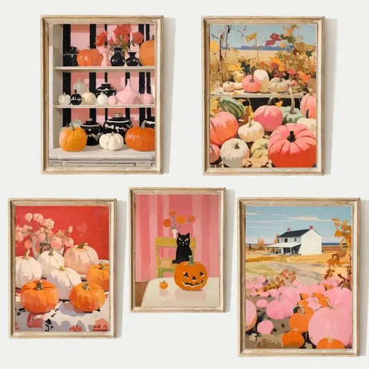 Retro Halloween decor prints with pumpkins, black cats, and autumn landscapes in vintage frames for nostalgic home styling.