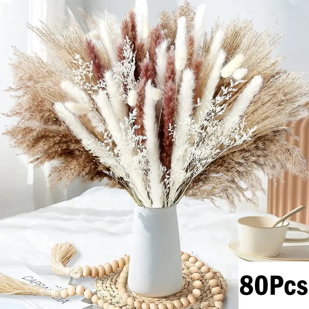 Natural dried pampas grass bouquet in vase, perfect for elegant home decor, special occasions, and holiday decorations, 80 pieces