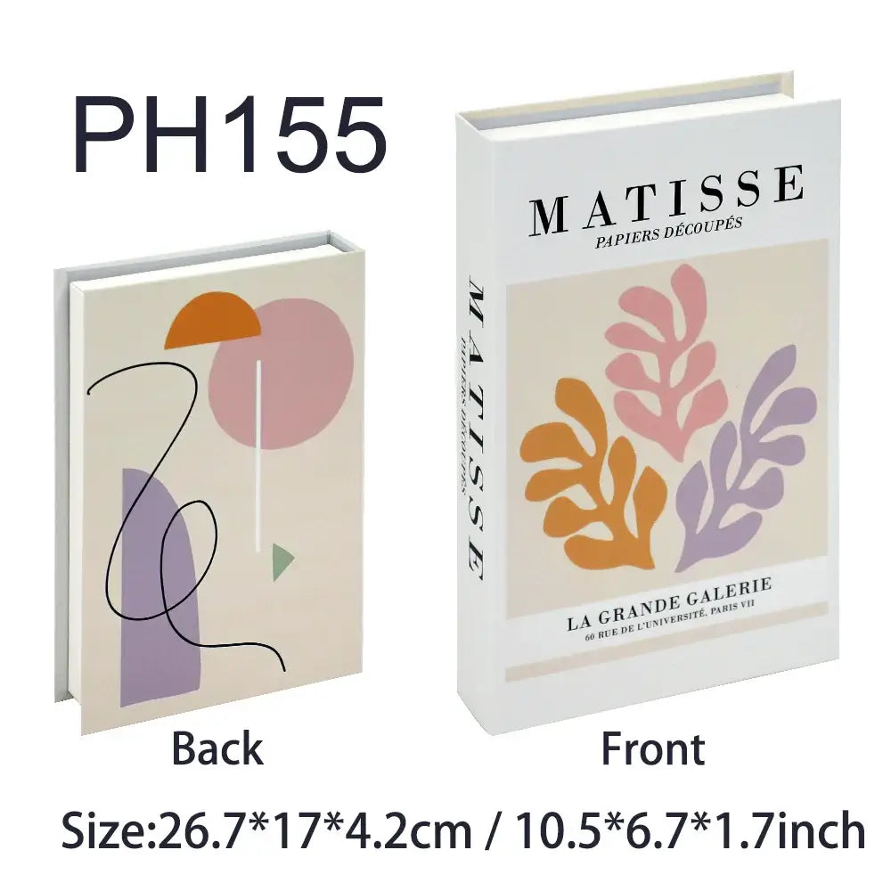 Faux livres décoratifs bohème chic de style Matisse avec couverture artistique et tailles indiquées