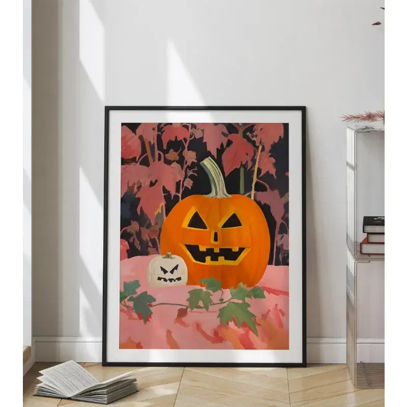 Retro Halloween decor poster with vintage style canvas featuring pumpkins and autumn leaves, perfect for adding a nostalgic touch.