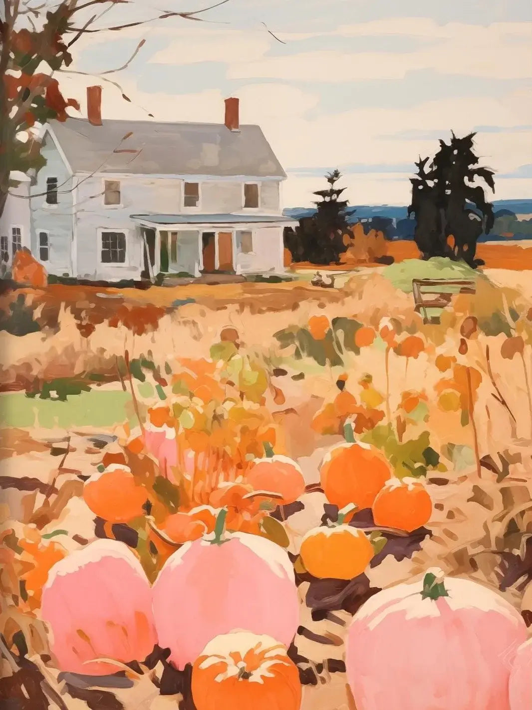 Retro Halloween-themed artwork depicting pumpkins in a field with a rustic house in the background, creating a nostalgic fall ambiance.