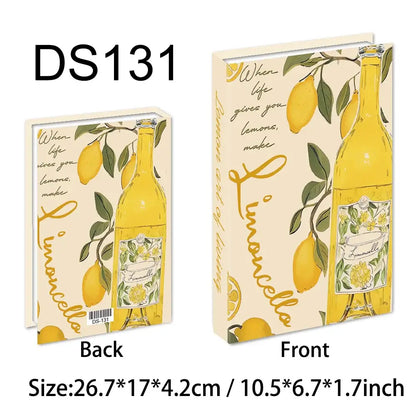 Faux livre décoratif style limoncello, jaune avec motifs de citrons et bouteille, dimensions 26.7x17x4.2cm