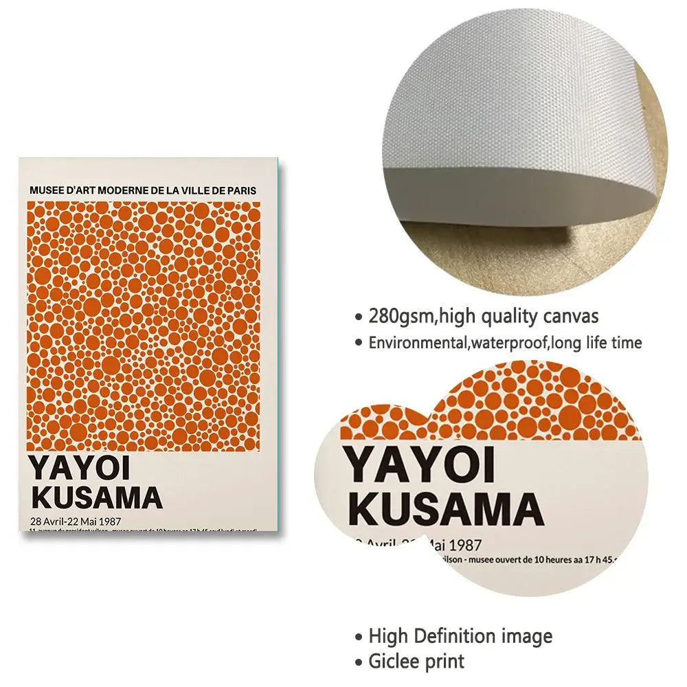 High-quality canvas print of Yayoi Kusama art, featuring environmental and waterproof properties, showcasing modern design with giclee print.