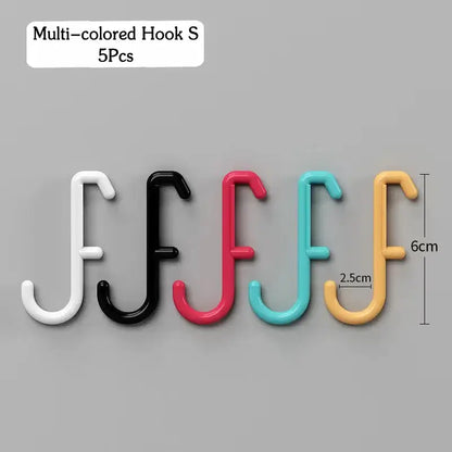 Multi-colored S hooks pack of 5 in white, black, red, blue, and yellow, measuring 6cm in length and 2.5cm in width.