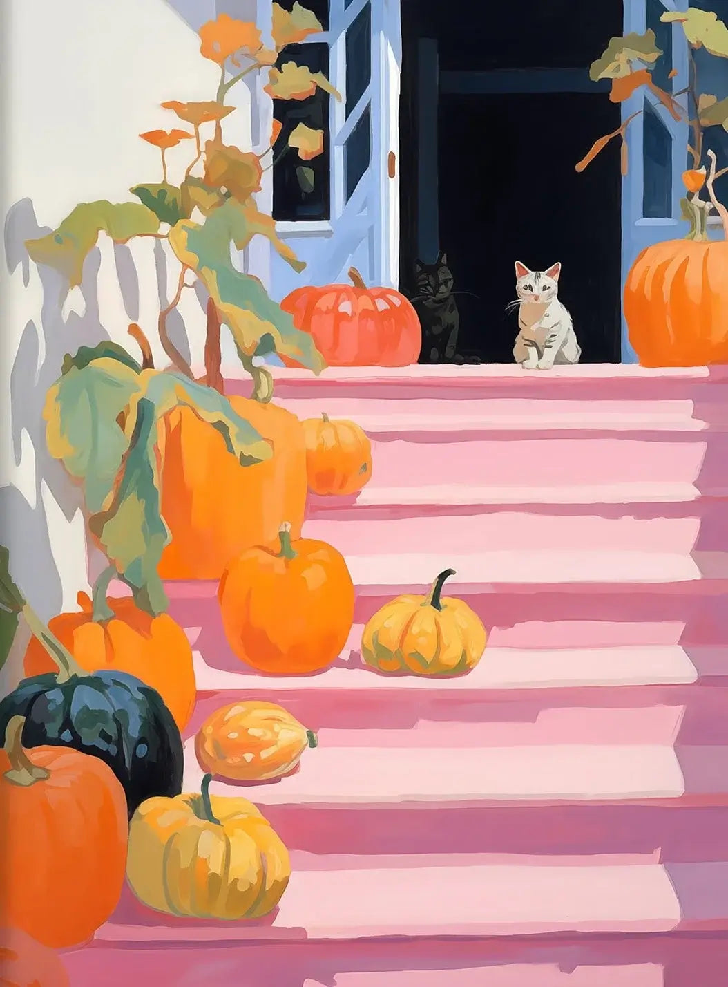 Pink staircase with pumpkins and a cat, creating a whimsical Halloween decor scene with retro and vintage charm.