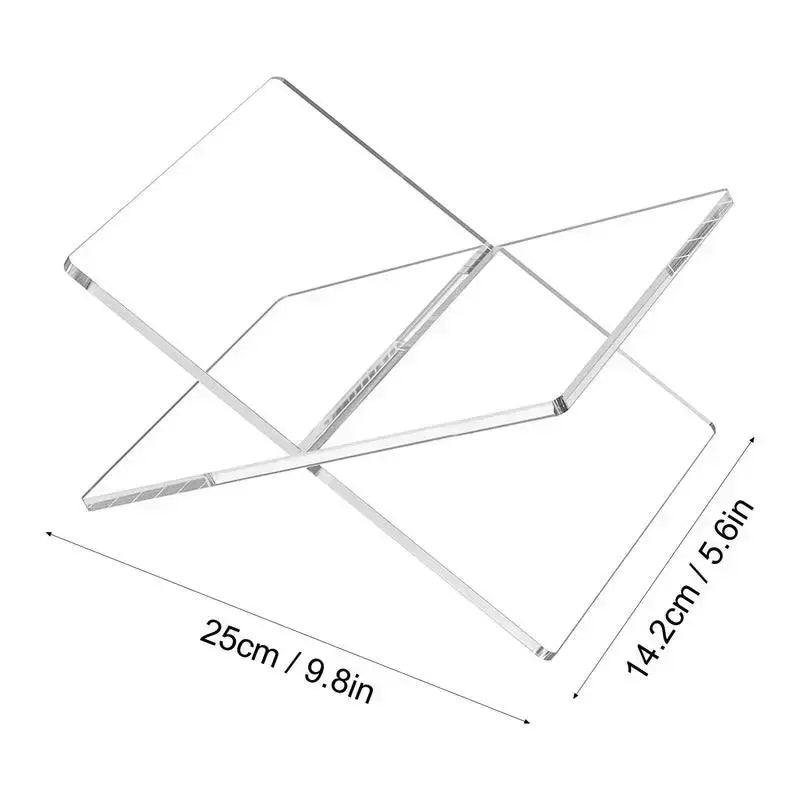 Transparent acrylic book holder with measurements 25cm by 14.2cm, modern design for displaying books and magazines.