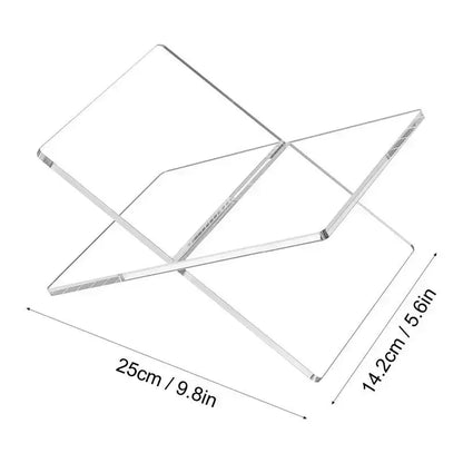 Transparent acrylic book holder with measurements 25cm by 14.2cm, modern design for displaying books and magazines.