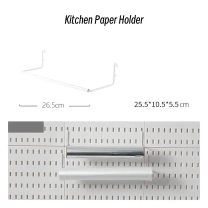 Wall-mounted kitchen paper holder with dimensions, part of an eco-friendly and practical wall storage system. Easy no-drill installation.