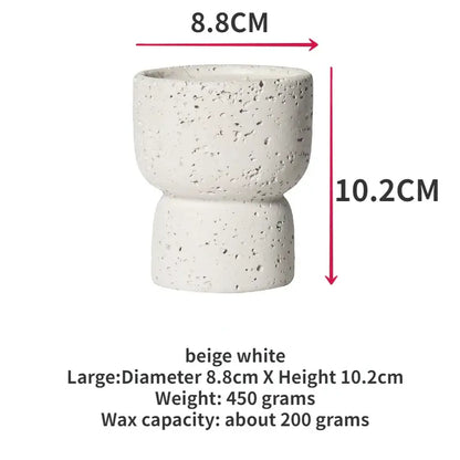 Minimalist cement candle holder, beige white, 8.8cm diameter, 10.2cm height, 450g weight, 200g wax capacity.