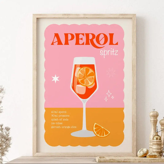 Tableau artistique rétro coloré Aperol Spritz en toile de coton 100 %, affiche moderne et élégante pour décoration intérieure.