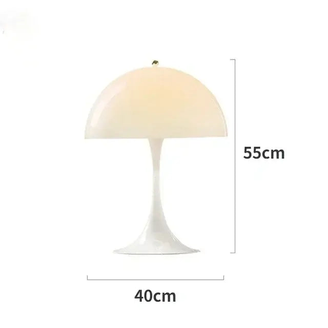 Minimaliste LED champignon lampe de table blanche avec dimensions 40cm par 55cm pour chambre ou bureau, modernité et élégance.