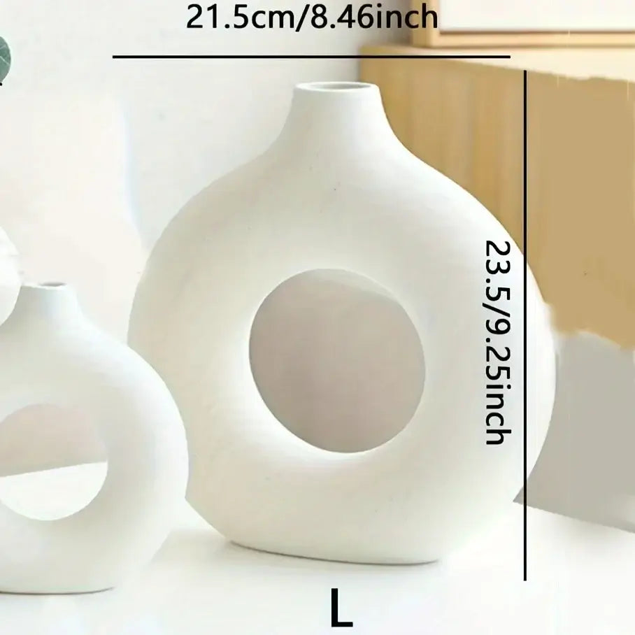 Vase Donut en Céramique Blanc Minimaliste, Design Moderne, Taille 21.5cm x 23.5cm, Idéal pour Décor Intérieur et Compositions Florales