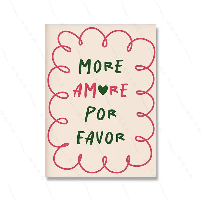 Tableau artistique Dolce Vita avec texte "More Amore Por Favor" en style rétro avec bordure rose sur fond crème