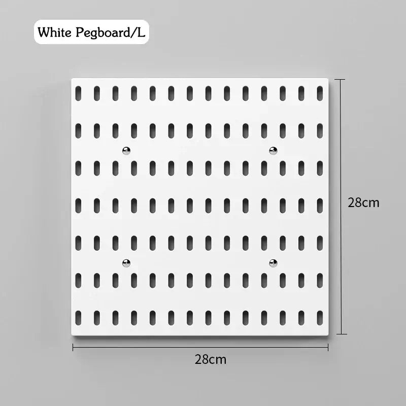 White pegboard panel measuring 28cm by 28cm with pre-drilled holes for easy wall mounting