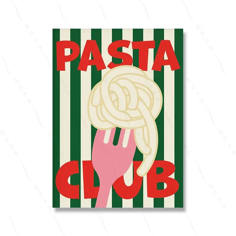 Retro "Pasta Club" art print with striped background and fork winding spaghetti.