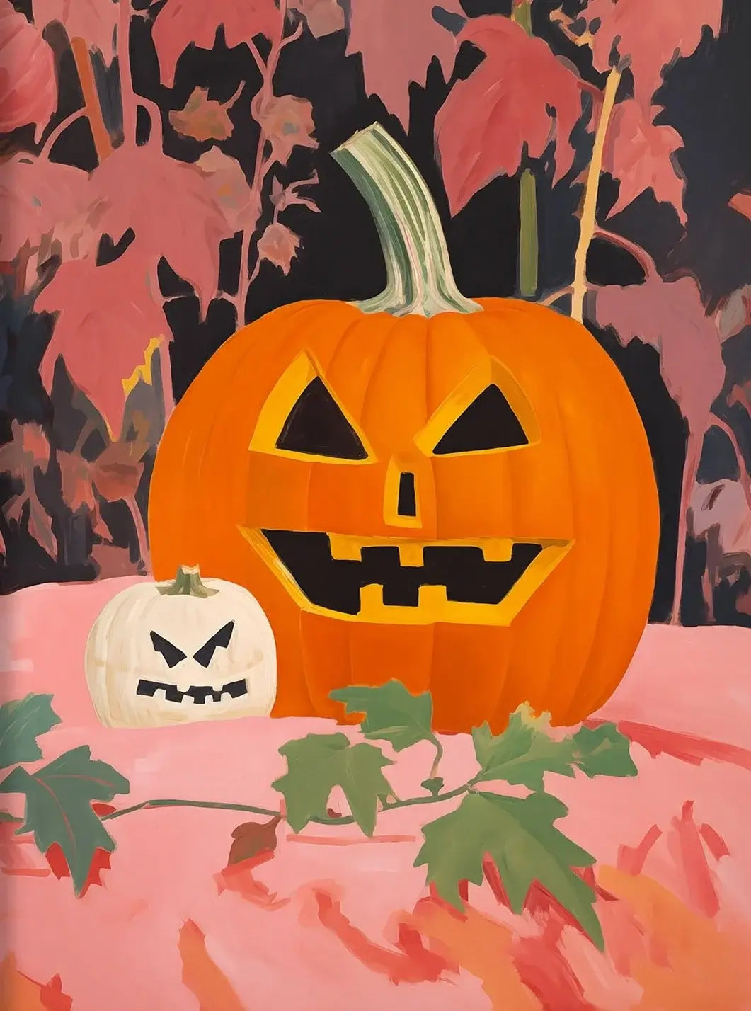 Retro Halloween-themed artwork featuring carved pumpkins with autumn leaves, showcasing a vintage style for festive decoration.