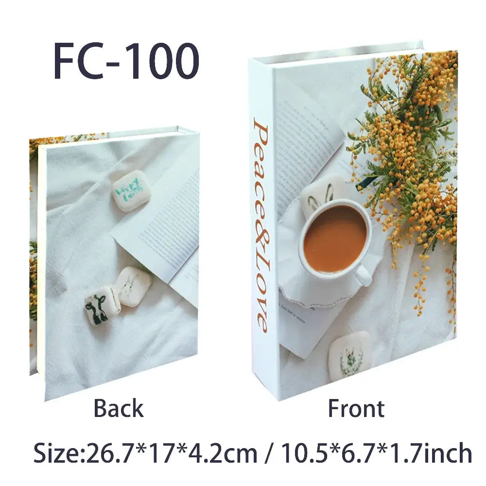 Decorative faux book with coffee and flowers on cover, size 26.7x17x4.2cm, ideal for modern art decoration and home sophistication.