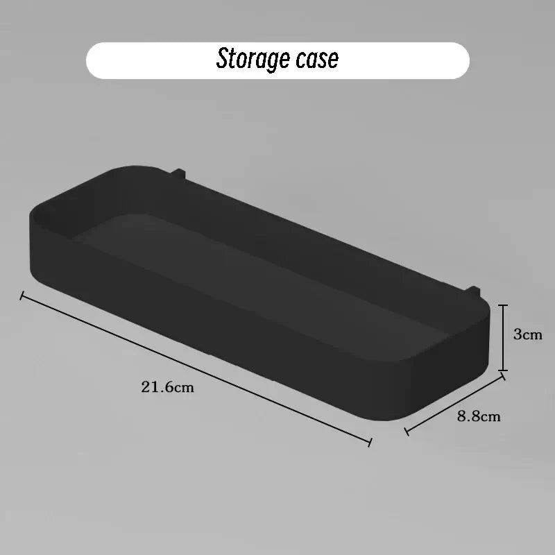 Black plastic storage case with dimensions, labeled as "Storage case", measuring 21.6cm in length, 8.8cm in width, and 3cm in height