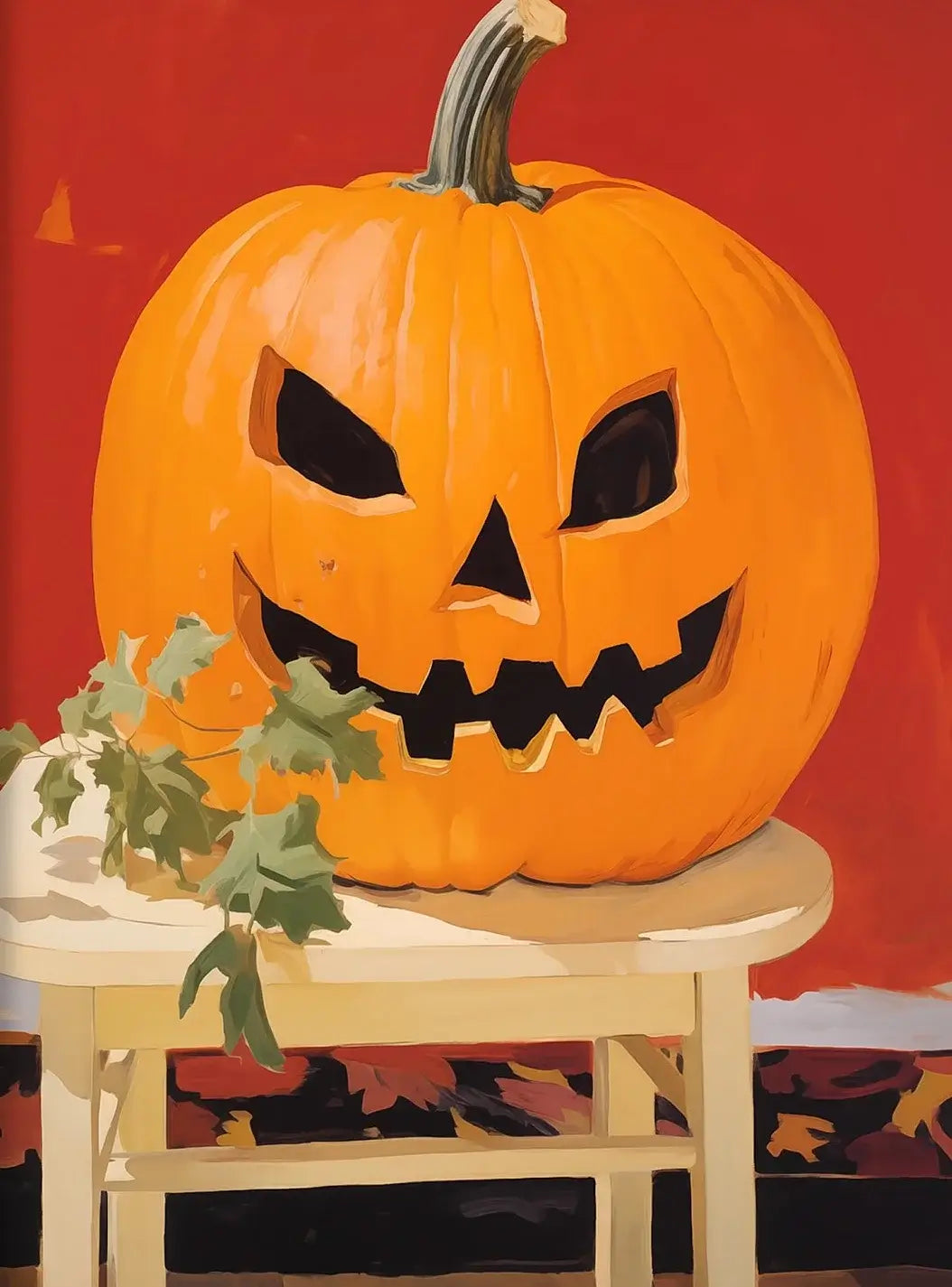 Retro Halloween pumpkin decoration on a stool with autumn leaves, against a bold red background, evoking vintage nostalgic vibes.