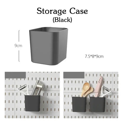 Black wall-mounted storage case for organizing kitchen utensils, measuring 9cm height and 7.5*8*9cm dimensions.