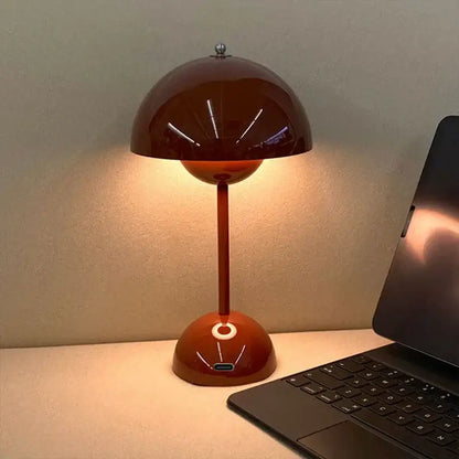 LED table lamp mushroom design illuminating modern workspace with adjustable brightness and Type-C recharging capability