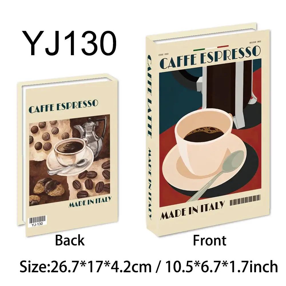 Faux livres de décoration art moderne avec motif de café expresso, taille 26.7x17x4.2 cm, parfaits pour salons et chambres, élégance italienne