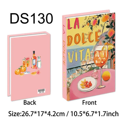 Faux livre de décoration art moderne "La Dolce Vita" avec illustration de cocktail, couverture avant et arrière, taille 26.7x17x4.2cm