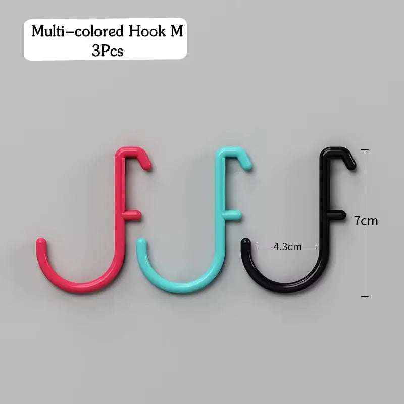 Multi-colored hook set of three, featuring red, blue, and black hooks with dimensions 7cm height and 4.3cm width