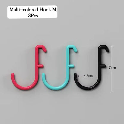 Multi-colored hook set of three, featuring red, blue, and black hooks with dimensions 7cm height and 4.3cm width