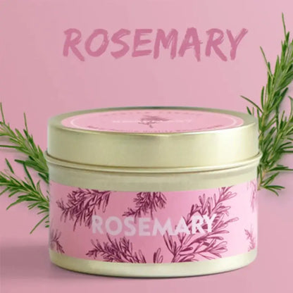 Bougie parfumée au romarin en pot doré avec étiquette rose et illustration de branches de romarin