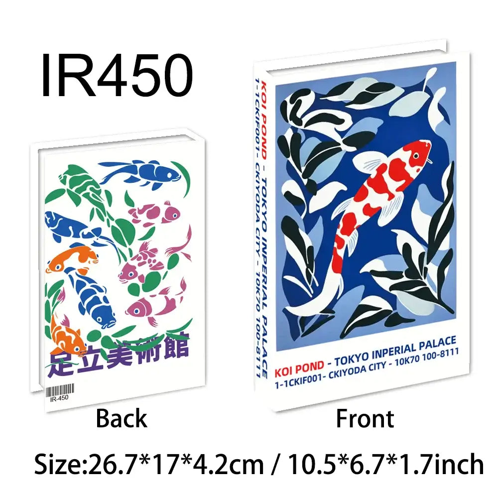 Decorative fake books with koi fish print, front and back view, size: 26.7 x 17 x 4.2 cm or 10.5 x 6.7 x 1.7 inches. Model IR450.