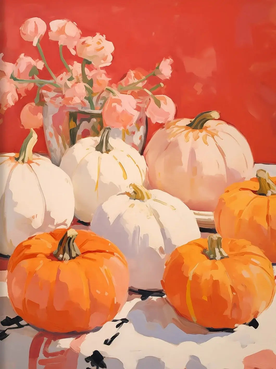 Retro-style painting of white and orange pumpkins with pink flowers in a vase against a vibrant red background.