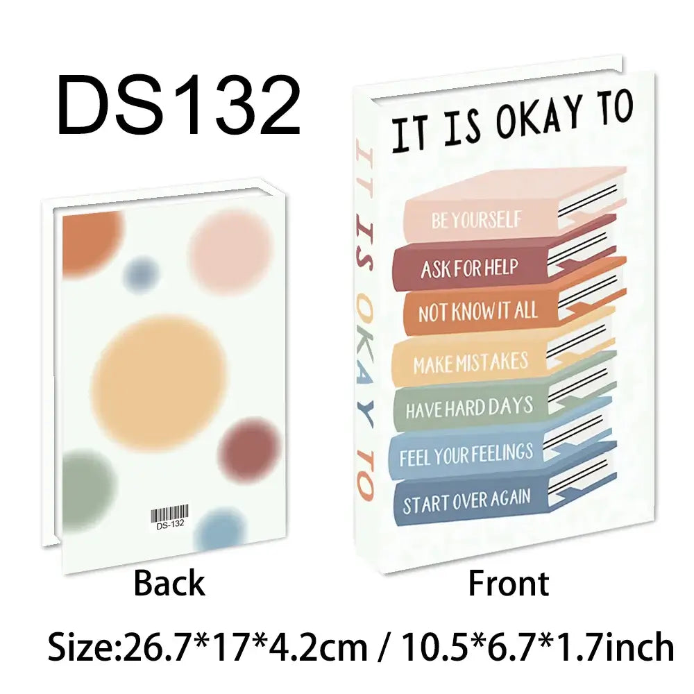 Decorative faux book with modern art design, front text "It is okay to" in colorful style, dimensions 26.7×17×4.2 cm.