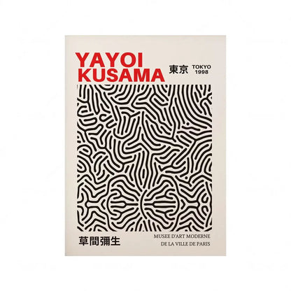 Affiche d'exposition Yayoi Kusama Tokyo 1998 avec motifs abstraits de lignes noires sur fond blanc