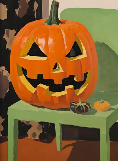 Retro Halloween decor with jack-o'-lantern on a green table, featuring vintage style canvas art print for seasonal interior design.