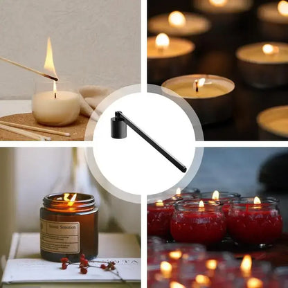 Collage of candle snuffer with different lit candles, including white, red, and jar candles.