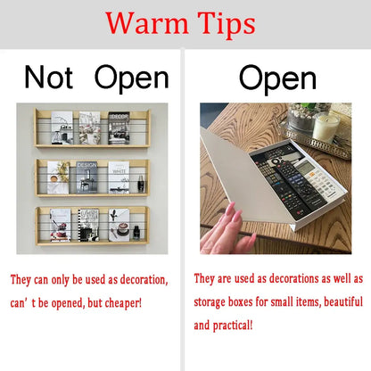 Comparison of decorative art books, showing non-openable books for display and openable books used as stylish storage boxes.