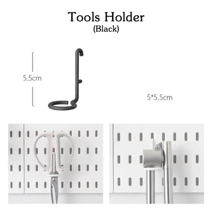 Black tools holder for wall panel with dimensions 5.5 cm by 5.5 cm, ideal for organizing kitchen utensils and accessories.